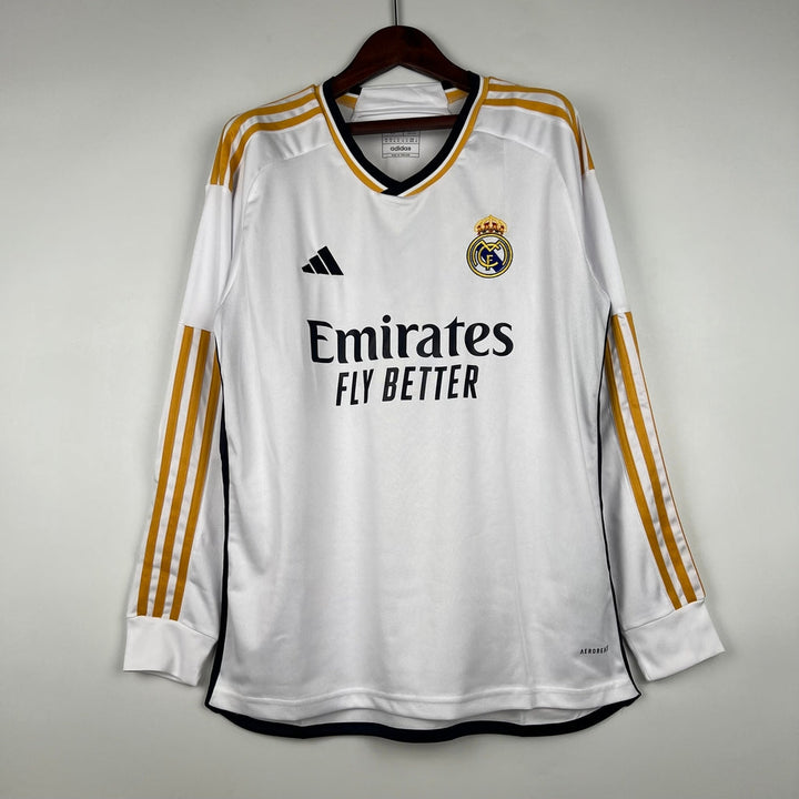 Camisa Real Madrid Manga Longa Home 23/24 - Torcedor Adidas Masculino - Branco - Paixão no Manto